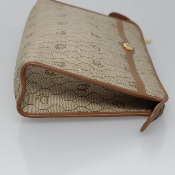 Christian Dior Honeycomb Canvas Clutch Bag PVC Leather Beige Gold Auth - Picture 6 of 16